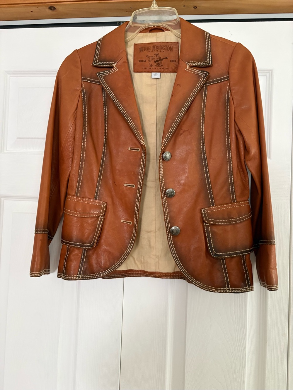 True Religion Tan Leather Blazer with Contrast Stitching